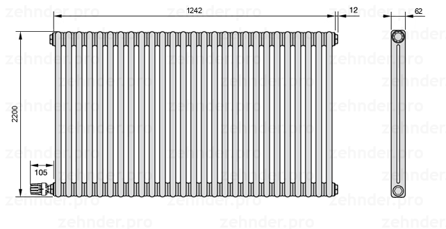 Схема (чертеж) Радиатор Zehnder Charleston 2220/27 №V003 Белый глянцевый RAL 9016
